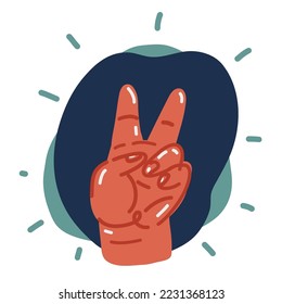 Dibujo vectorial de caricatura del gesto de mano V signo para victoria o línea de paz sobre fondo oscuro