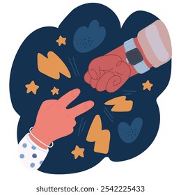 Cartoon vector illustration of cartoon hand gestures. Hands play rock paper scissors game. Rock paper scissors hand game process over dark background