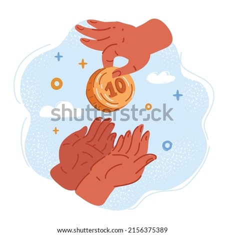 Cartoon vector illustration of hand gives coin for charity.