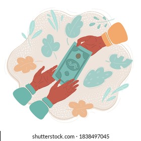 Cartoon vector illustration of Hand, giving money to other hand. Dollar banknote.