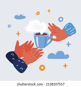 Cartoon vector illustration of hand giving a cup of coffee in hand of another person.