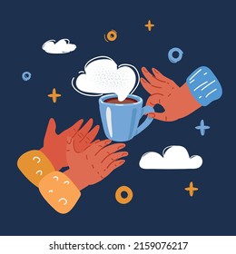 Cartoon vector illustration of Hand giving cup of coffee. Mug full of hot delicious beverage over dark backround.