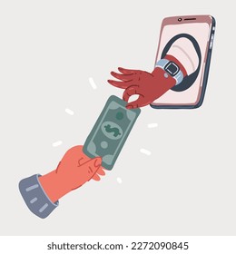 Cartoon vector illustration of Hand giving and receiving money online by the phone
