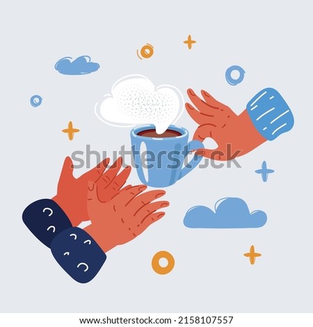 Cartoon vector illustration of hand giving a cup of coffee in hand of another person.