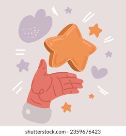 Cartoon vector illustration of hand with a golden star. Concepts of success and prosperity.