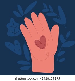 Cartoon vector illustration of Hand heart over dark backround
