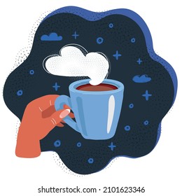 Cartoon vector illustration of Hand hold mug with coffe on dark backround.