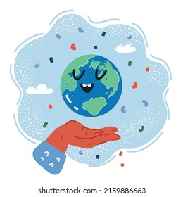 Cartoon vector illustration of hand hold smiling Earthglobe