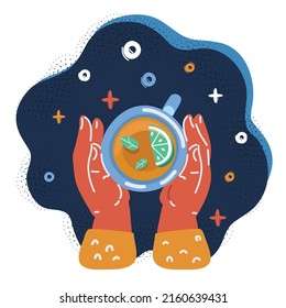 Cartoon vector illustration of hand hold herbal tea over dark background.