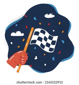 Cartoon vector illustration of hand hold racing flag over dark backround.