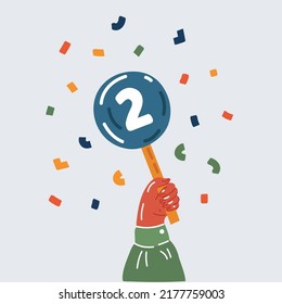 Cartoon vector illustration of hand hold scoring nameplate. Two points.