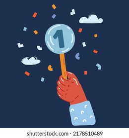 Cartoon vector illustration of hand hold scoring nameplate. One point over dark backround