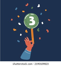 Cartoon vector illustration of Hand hold round score card banner plate with three number. Votes jury judges of tournament or contest over dark backround