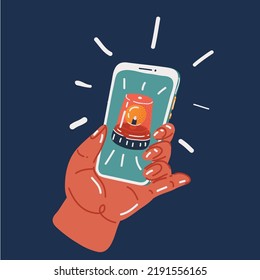 Cartoon vector illustration of hand hold smartphone with alert message on screen. Bell alarm icon on display over dark backround