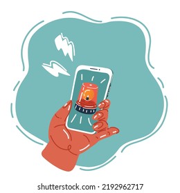 Cartoon vector illustration of hand hold smartphone with alert message on screen. Bell alarm icon on display.