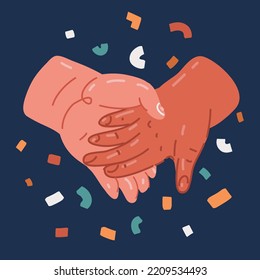 Cartoon vector illustration of hand hold together over dark background