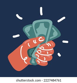 Cartoon vector illustration of hand hold banknotes over dark background