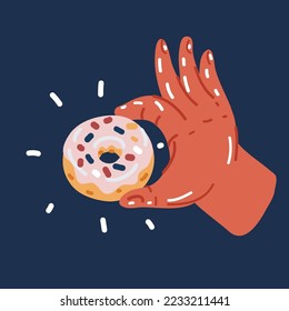 Cartoon vector illustration of hand hold donut over dark background.