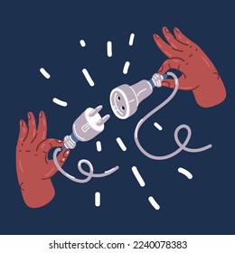 Cartoon vector illustration of Hand Hold Plug in Hands put together. Man and Woman Connecting Power Socket. Teamwork Business Connection, Partnership, Cooperation Concept over dark backround