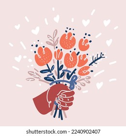 Cartoon vector illustration of hand hold bouqet of flowers