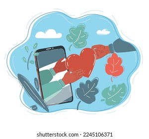 Cartoon vector illustration of hand hold heart, feeling self love, bliss, harmony, positive emotion. Happy calm peaceful girl volunteer. Care, humanity, selfhelp and peace concept. Smartphone concept