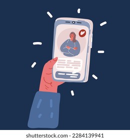 Cartoon vector illustration of hand hold smartphones and girls on the screen over dark backround