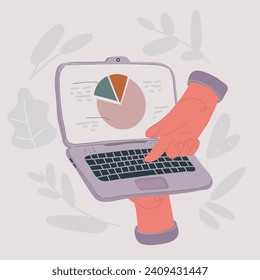 Ilustración vectorial de dibujos animados del portátil de mano. sujetar una computadora a mano y presionar la tecla del teclado con el dedo