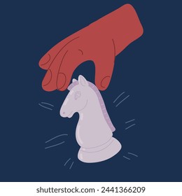 Cartoon vector illustration of Hand hold horse figure horse over dark backround