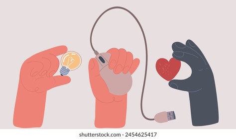 Ilustración vectorial de dibujos animados de la mano sostener bulbo, ratón, corazón.