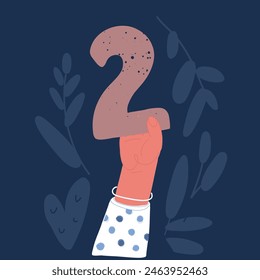 Cartoon vector illustration of hand hold big Number 2 over dark backround