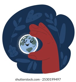 Ilustración vectorial Guardar de dibujos animados de la mano sostener la tierra sobre el fondo oscuro