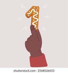 Cartoon vector illustration of hand hold one number cookie. Gingerbread 1