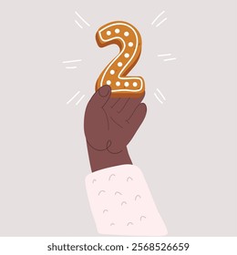 Cartoon vector illustration hand hold two, 2 number cookie. Gingerbread