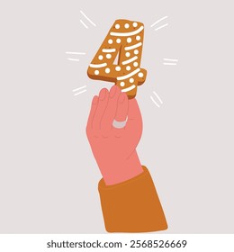 Cartoon vector illustration of hand hold 4, four, number cookie. Gingerbread