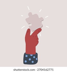 Cartoon vector illustration of hand hold in hand a jigsaw puzzle. Business solutions, success and strategy concept.