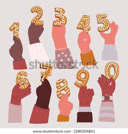 Cartoon vector illustration of hand hold gingerbread set. Cookies humber 1,2,3,4,5,6,7,8,9,0. One, two, three, four, five, six, seven, eight, nine, ten, zero