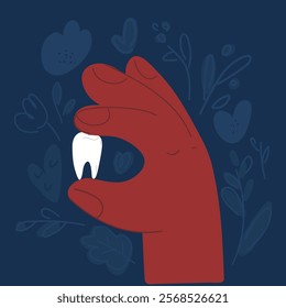 Cartoon vector illustration of hand holdign tooth over dark background