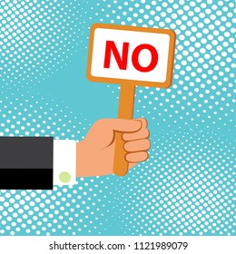 Cartoon vector illustration of  hand holding plate with word NO!