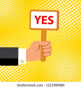 Cartoon vector illustration of  hand holding plate with word YES