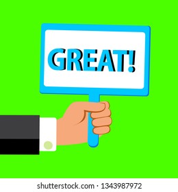 Cartoon vector illustration of  hand holding plate with word GREAT!
