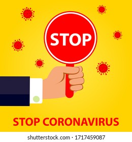 Cartoon vector illustration of  hand holding plate with word STOP! Coronavirus prevention concept.