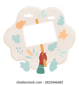 Dibujo vectorial de caricatura de la mano sosteniendo un gran cartel en blanco.