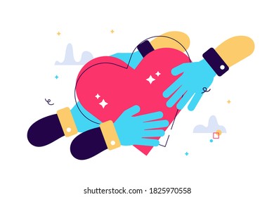 Dibujo vectorial de la mano sosteniendo un ícono cardíaco Pasado de mano en mano. Objeto en fondo blanco.