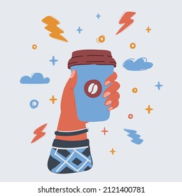 Cartoon vector illustration of hand holding disposable coffee cup.