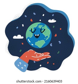 Cartoon vector illustration of hand holding globe earth. save earth concept over dark background.
