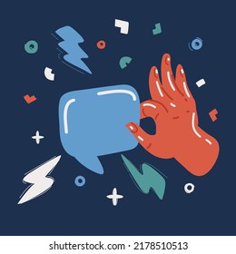Cartoon vector illustration of Hand holding a blue blank speech bubble over dark backround