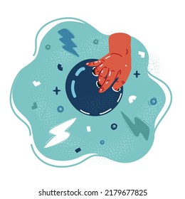 Cartoon vector illustration of hand holding bowling ball ready to throw it