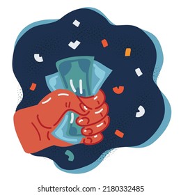 Cartoon vector illustration of Hand holding money banknotes over dark background