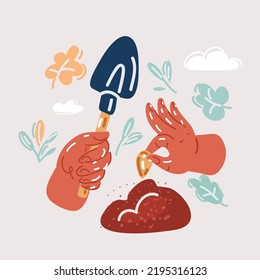 Cartoon Vector Illustration Of Hand Holding Seed For Putting In Ground And Another Hand Hold Throwel. Concept Of Growing Plant