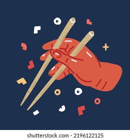 Cartoon vector illustration of hand holding chopsticks over dark backround